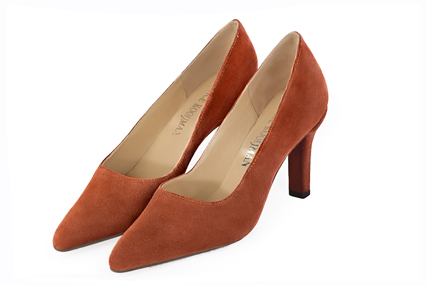 Terracotta orange women's dress pumps,with a square neckline. Tapered toe. High slim heel. Front view - Florence KOOIJMAN